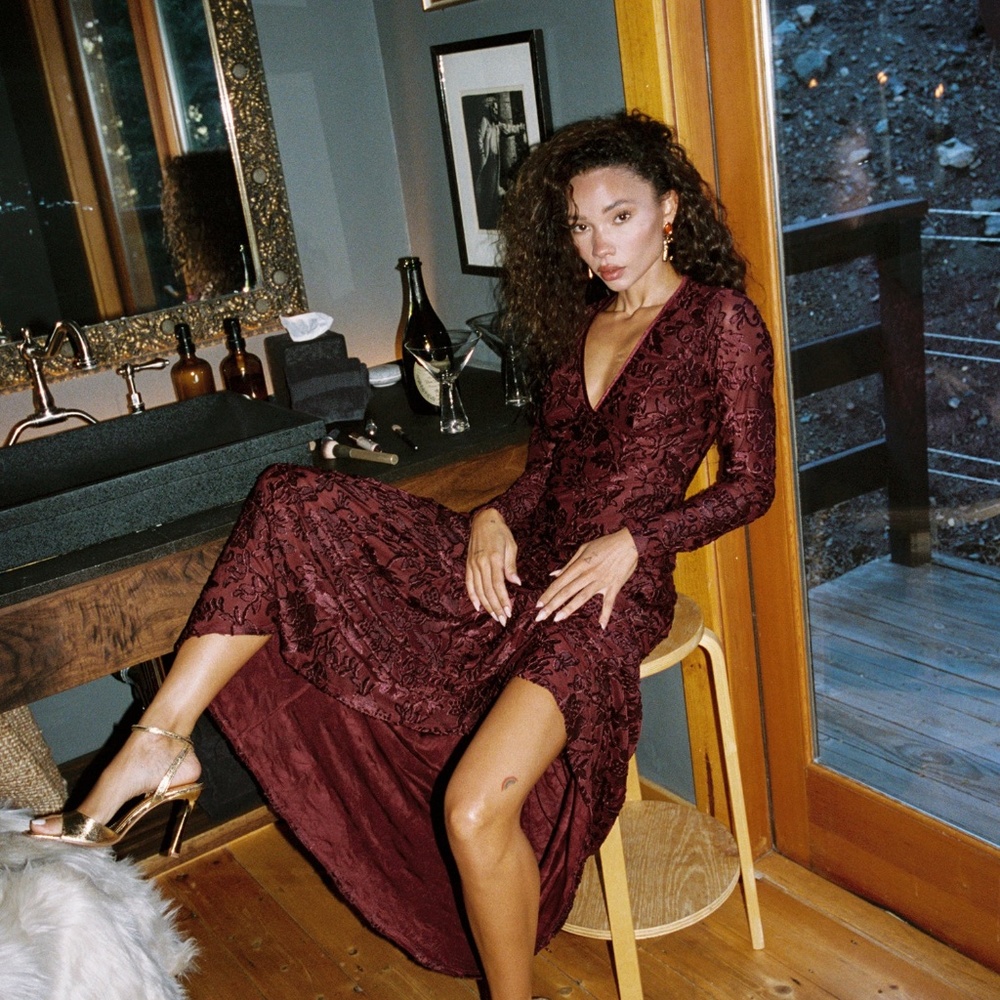 12th Tribe Angela Mulberry Velvet Burnout Long Sleeve Maxi Dress Size LL - Picture 3 of 3